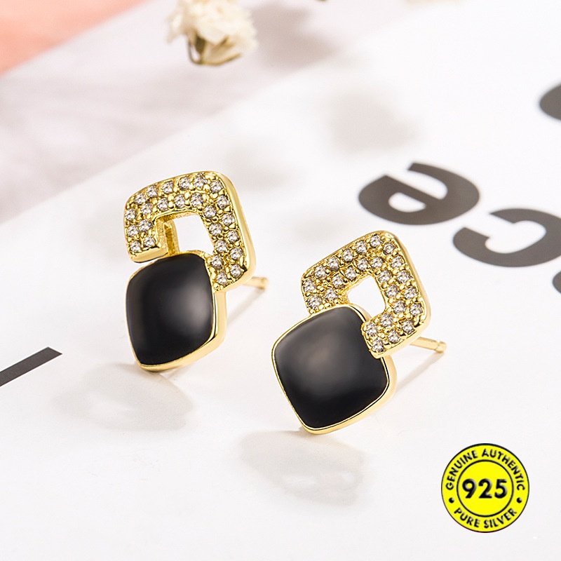 18k Emas Fashion Retro Berlian Hitam Anting Persegi Rasa Tinggi Anting Perak U1814