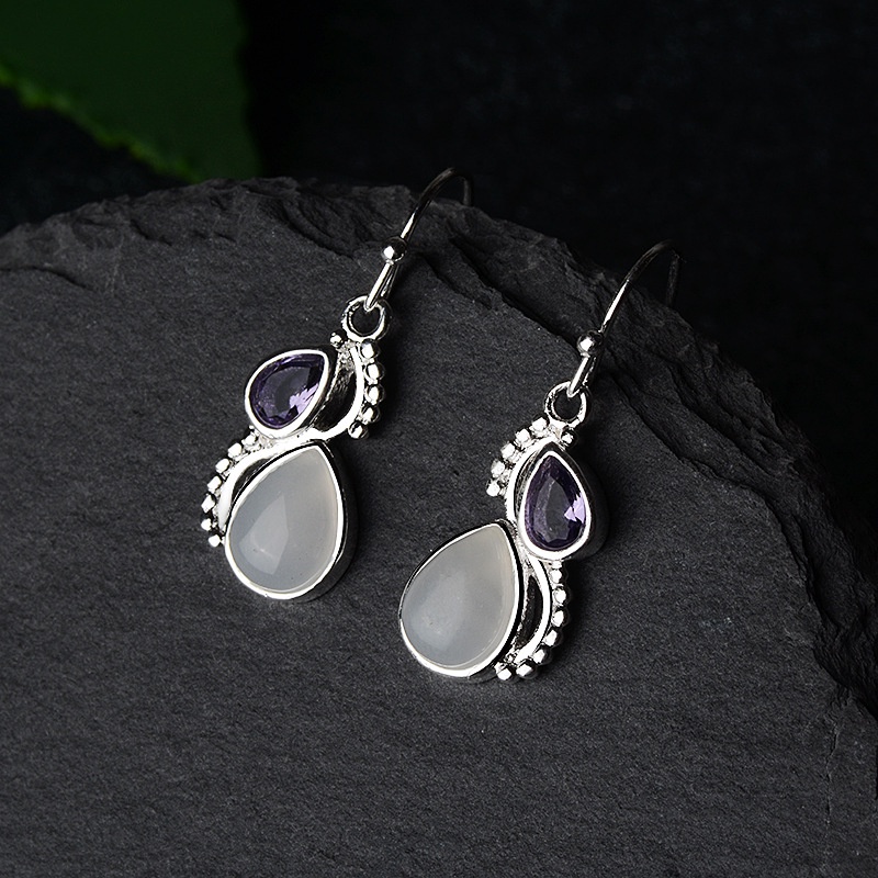 Goldkingdom Aksesoris Perhiasan Fashion Ready Stock Amethyst Water Drop Pear Shaped Colorful Moonstone Earrings Vintage Anting Wanita