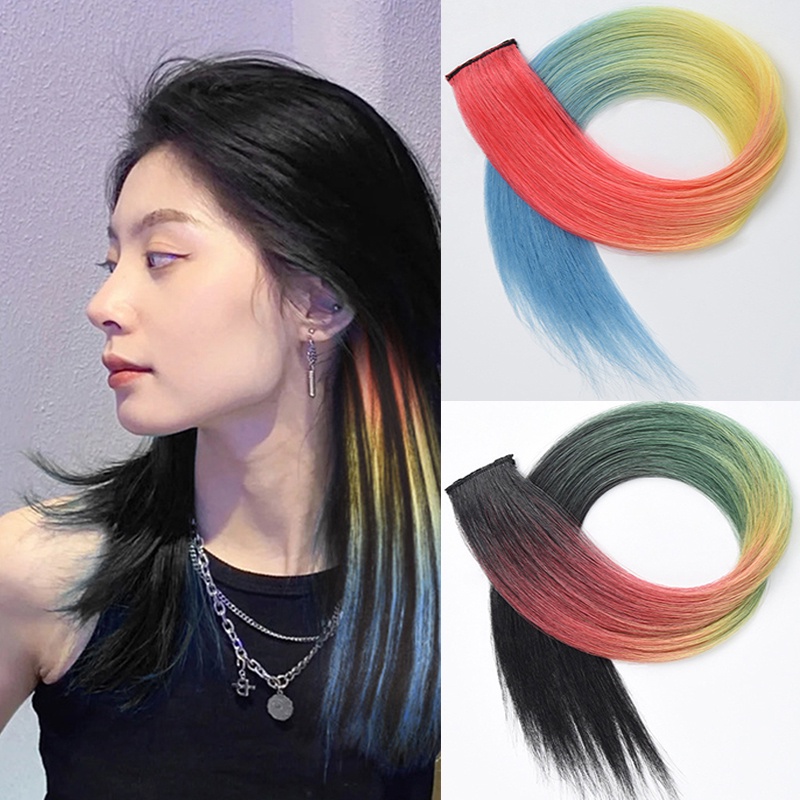 1pc Rainbow Highlight Dyed One-Piece Wig Wanita Gantung Pewarna Telinga Rambut Panjang Wig Aksesoris