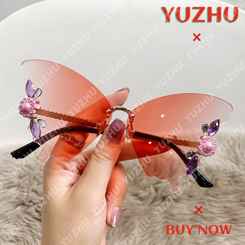 (YUZHU) Western Fashion Butterfly Rimless Sunglasses Kacamata Hitam Gradasi Berlian Untuk Wanita