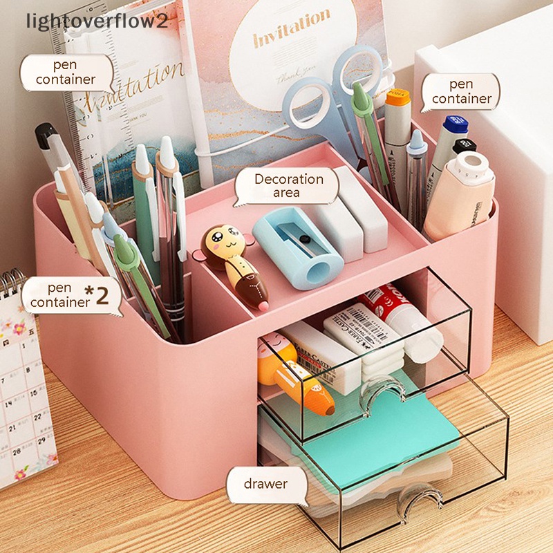 [lightoverflow2] Tempat Pulpen Warna Solid Sederhana Dengan 2laci Kapasitas Besar Kotak Penyimpanan Alat Tulis Kantor Siswa Desktop Organizer [ID]