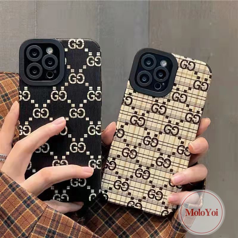 IPHONE Stiker Tekstur Kulit Gaya Eropa Dan Amerika Case Kompatibel Untuk Iphone7 8 Plus XR X XS Max13 11 14 12 Pro Max 7Plus 8Plus Lembut Shockproof Trendi Merek G.U.C.C.I Cover