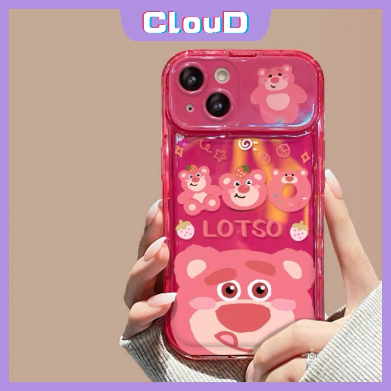 IPHONE Mainan 3D Flip Make Up Mirror Phone Case Kompatibel Untuk Iphone11 12 14 13 Pro MAX 7 8 14 Plus XR 7Plus X XS MAX SE Kartun Lucu Strawberry Bear Manyo Soft Cover