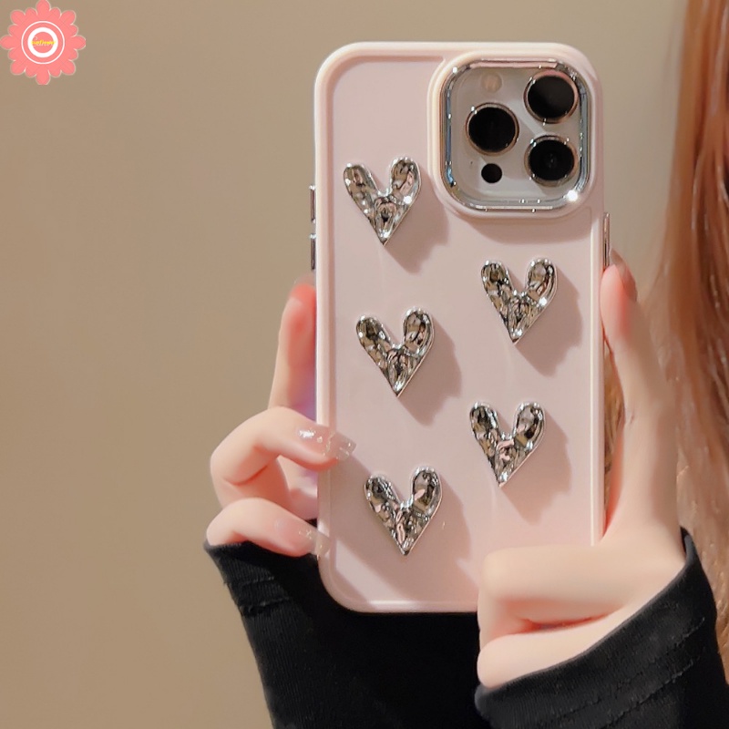 3d Plating Persegi Mewah Cinta Hati Case Kompatibel Untuk iPhone 7Plus 8Plus 11 13 14 12 Pro MAX XR X XS MAX Sederhana Warna Solid Macaron Warna Permen Lembut Ponsel Cover