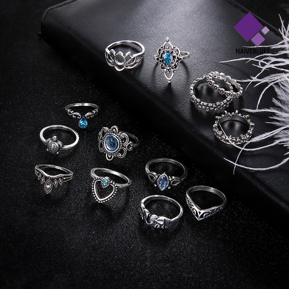 &lt; Naiveblues &gt; 13Pcs Boho Hollow Stacking Ring Set Knuckle Midi Tip Pesta Wanita