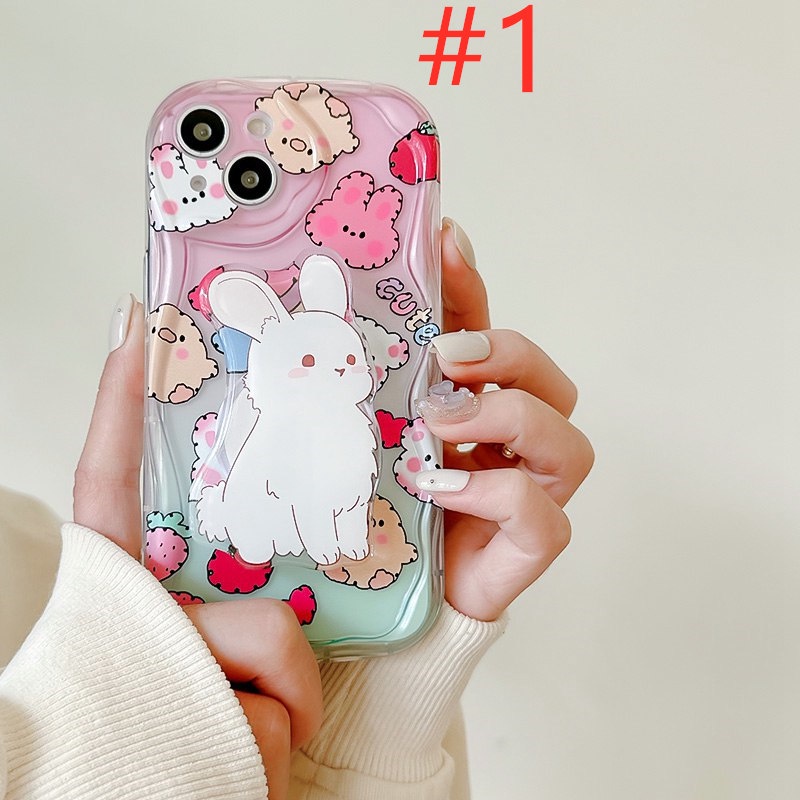 Popsocket Cute Strawberry Bunny Flower Smile Clear Wave Soft Case HP iP iPhone X XS XR 11 12 13 14 Pro Max Woman Girl FTD Casing Apple