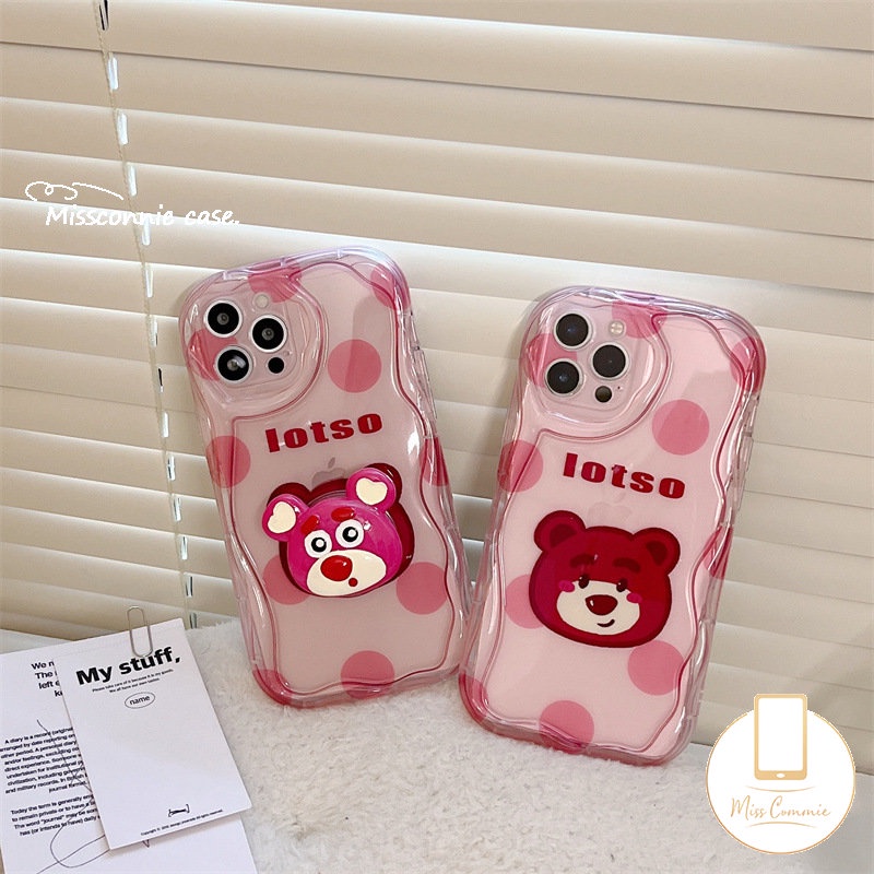 Cute Cover Kompatibel Untuk IPhone 7Plus XR 14 11 12 13 Pro Max X 7 8 6s 6 Plus XS Max SE 2020 3D Titik Gelombang Kartun Beruang Strawberry Wavy Curved Edge Glossy Shockproof Shell