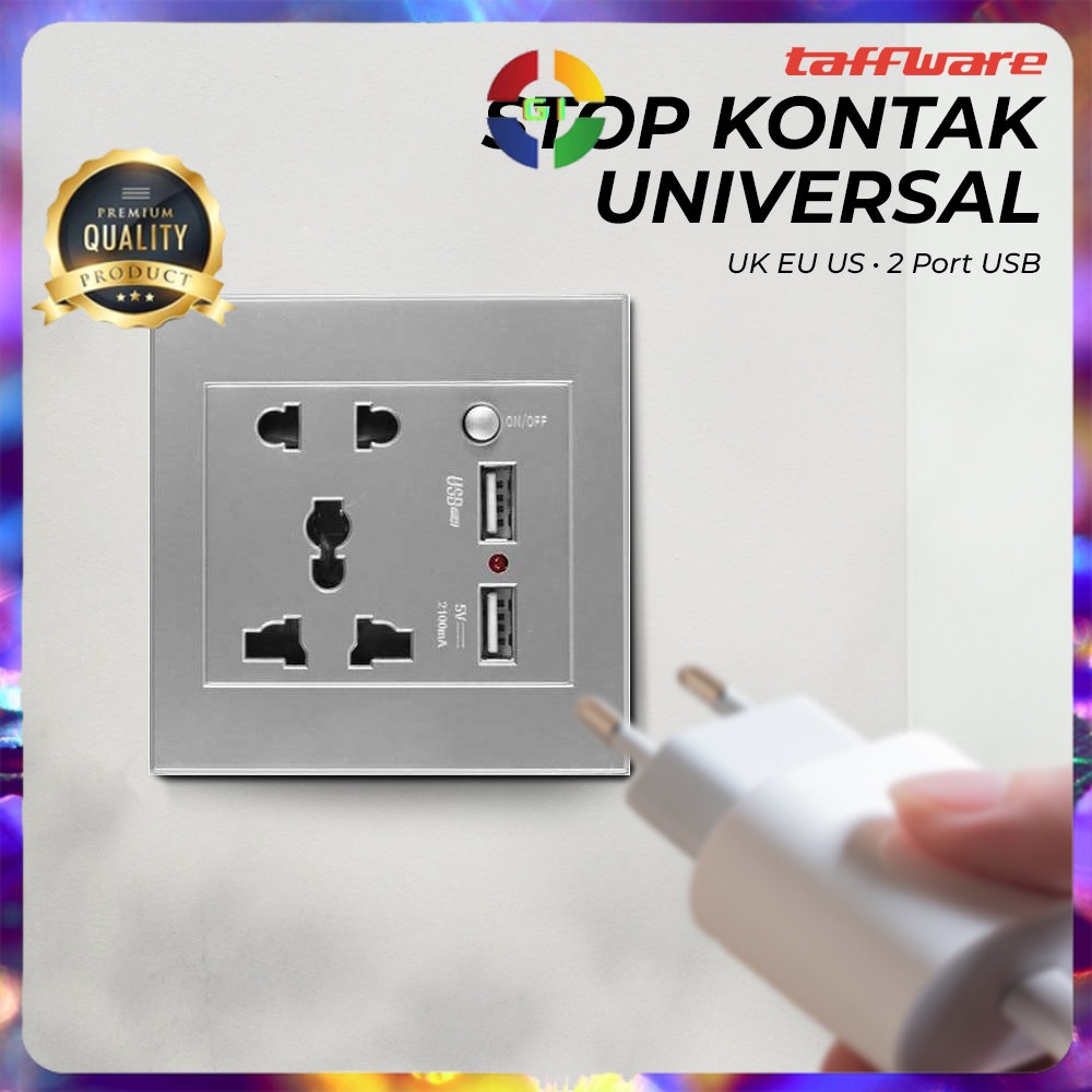 Stop Kontak Universal UK EU US 2 Port USB On Off Switch - LC-19 - Silver