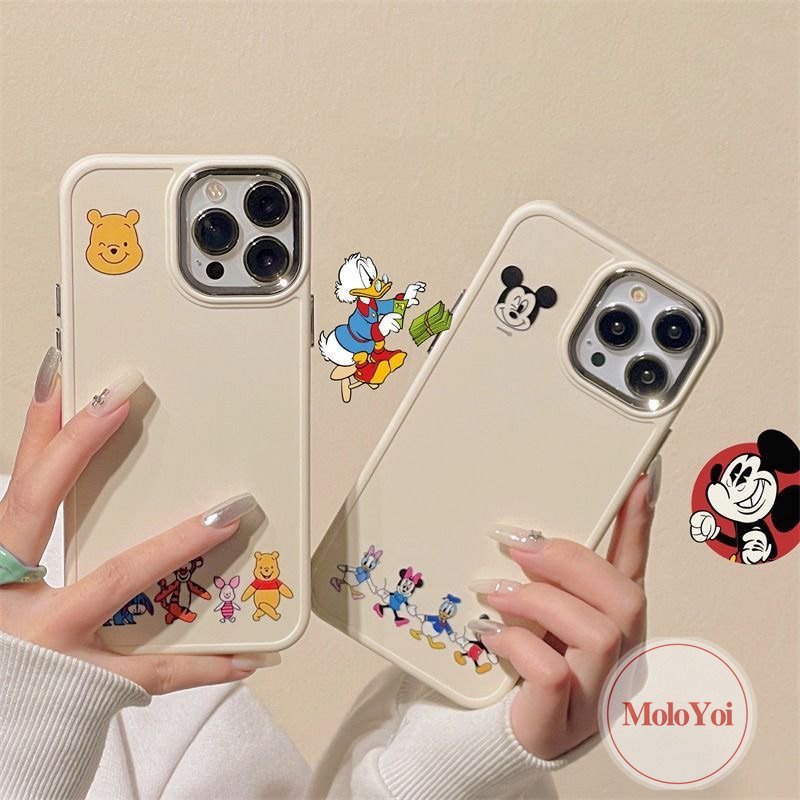 IPHONE Caroon Cute Disney Mickey Minnie Mouse Case Kompatibel Untuk Iphone11 12 13 14 Pro MAX X XR 7 8 Plus XS MAX Pasangan Winnie The Pooh Bear Mewah Plating Bingkai Lensa Metal Soft Cover