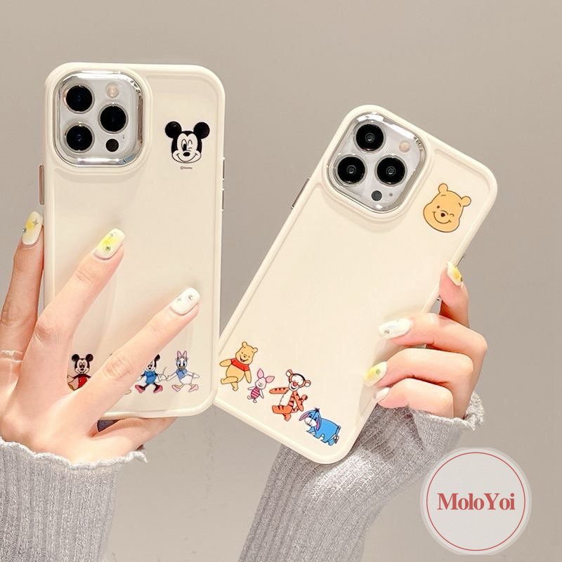 IPHONE Caroon Cute Disney Mickey Minnie Mouse Case Kompatibel Untuk Iphone11 12 13 14 Pro MAX X XR 7 8 Plus XS MAX Pasangan Winnie The Pooh Bear Mewah Plating Bingkai Lensa Metal Soft Cover