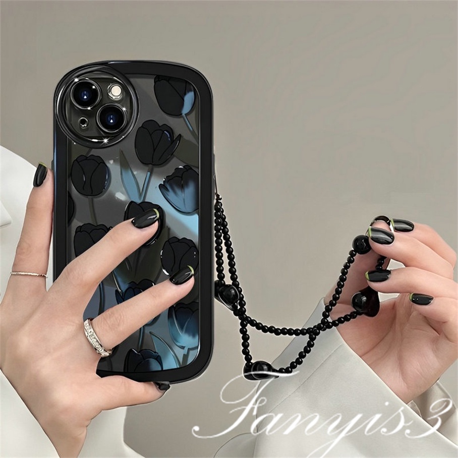 Compatible For iPhone 14 13 12 11 Pro Max X XR Xs Max 8 7 6 6s Plus SE 2020 Kompatibel Untuk Dark Black Tulip Phone Case Soft TPU Cover Ada Rantai