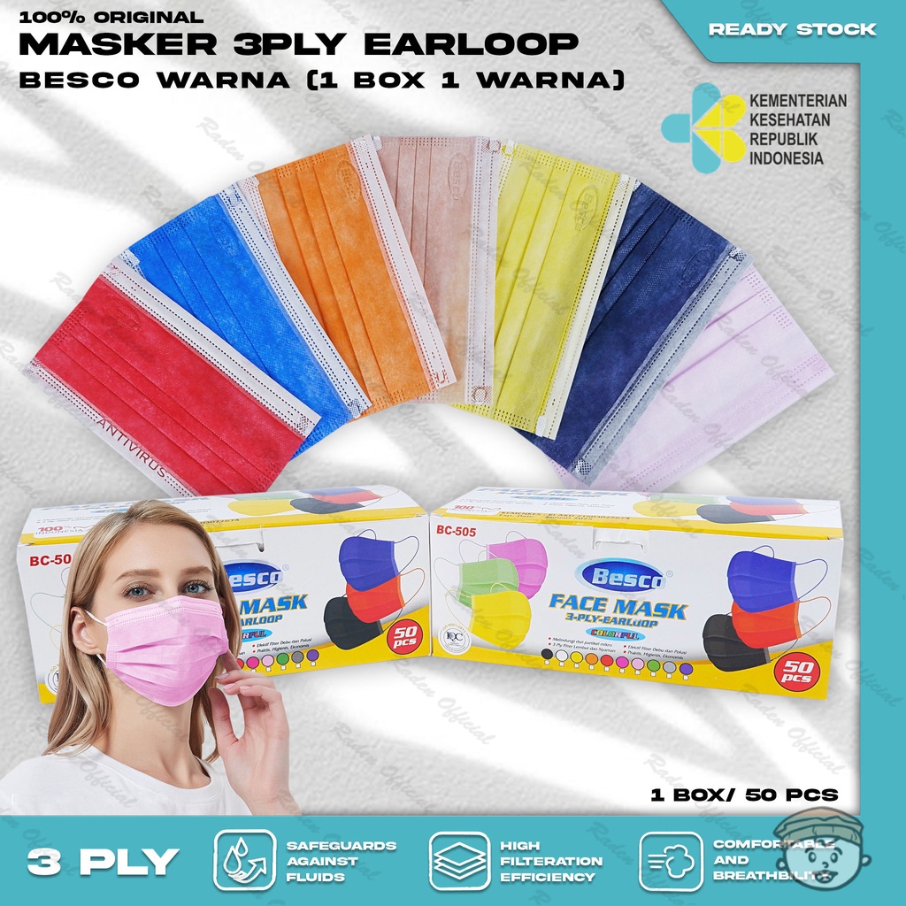 Masker Medis 3Ply BESCO Isi 50Pcs Putih Hitam Abu Warna 3 Ply Earloop Surgical Mask Kemenkes