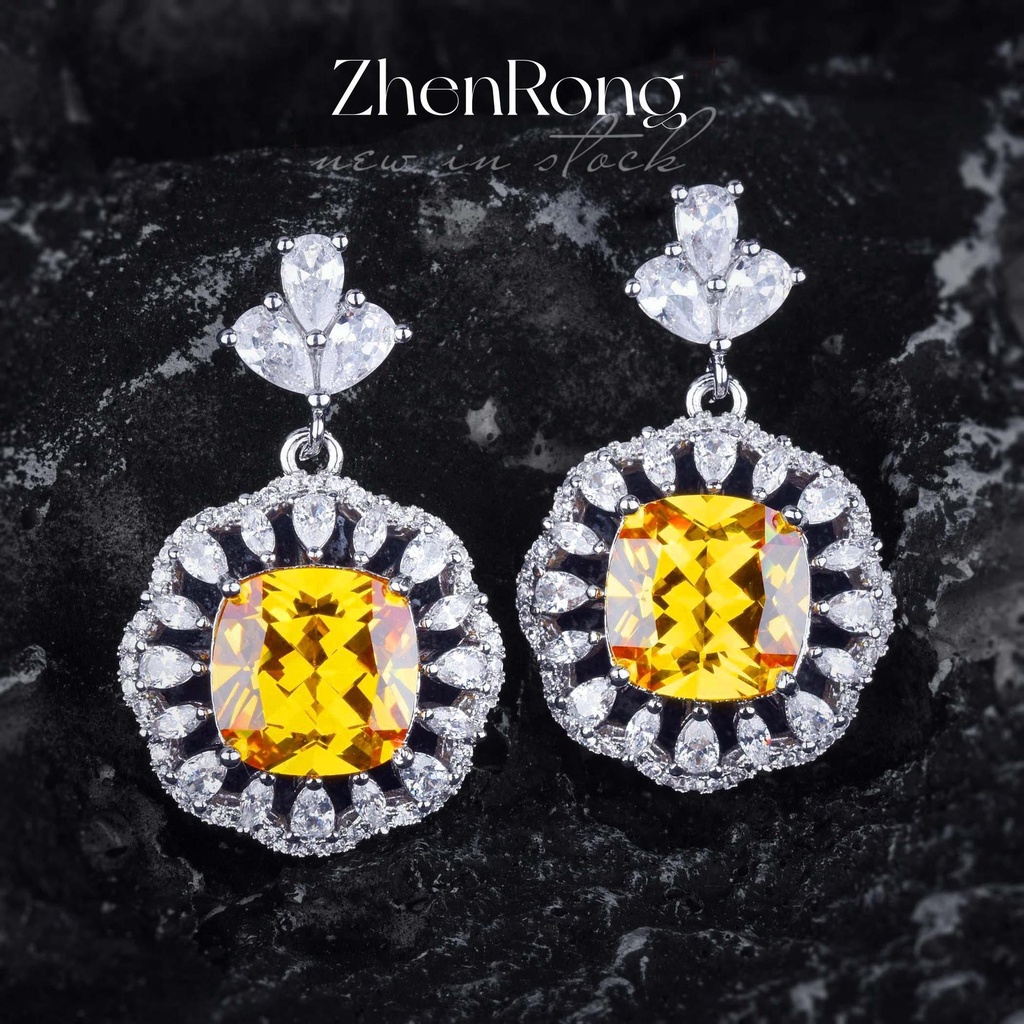 Goldkingdom Fashion Perhiasan Aksesoris Ready Stock Sterling Silver Mewah Batu Permata Berlian Kuning Kalung Wanita Liontin Stud Anting Cincin Set