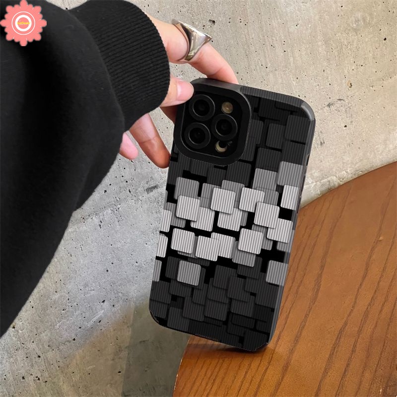 IPHONE Casing Tekstur Kulit Mewah Kompatibel Untuk Iphone11 12 14 13 Pro MAX XR 78 Plus X XS MAX Ins Art Pola Tidak Teratur Grid Hitam Lembut Shockproof Cover