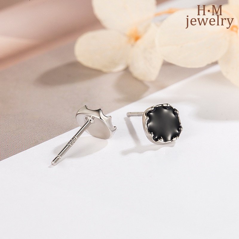 S925 Perak Sederhana Geometris Square Ear Studs Anting Hitam Bermutu Tinggi