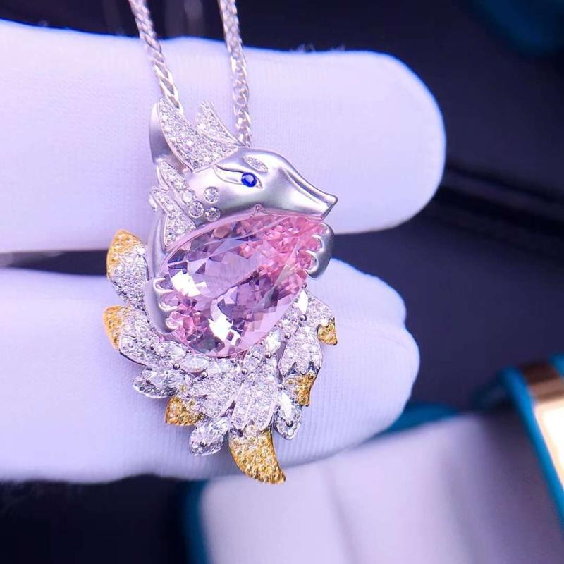 Goldkingdom Fashion Perhiasan Aksesoris Ready Stock Natural Pink Morganite Liontin Super Besar Karat Mewah Sembilan Ekor Rubah Kalung