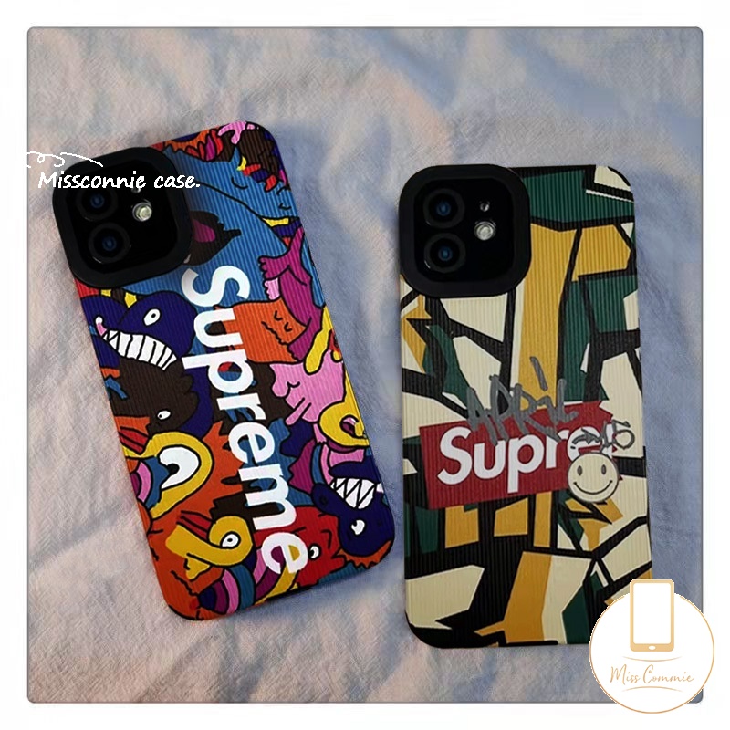 Trendy Merek Supre.me Case Kompatibel Untuk iPhone 7Plus 11 14 13 12 Pro MAX XR 78 Plus X XS MAX Kartun Lucu Graffiti Lembut Tpu Silicon Shockproof Mewah Tekstur Kulit Cover