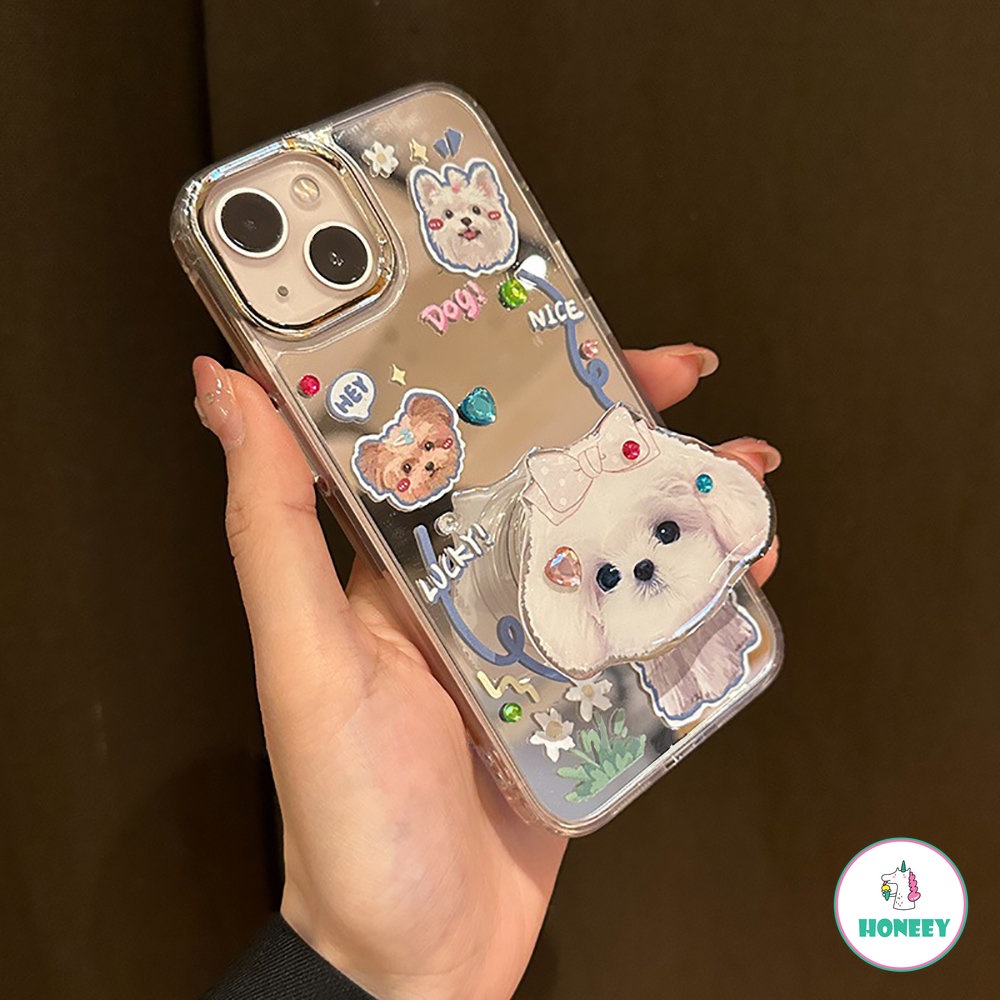 IPHONE Casing Ponsel Cermin Puppy Bunga Lucu Kompatibel Untuk Iphone11 12 13 14 Pro Max Shockproof Handphone Back Cover