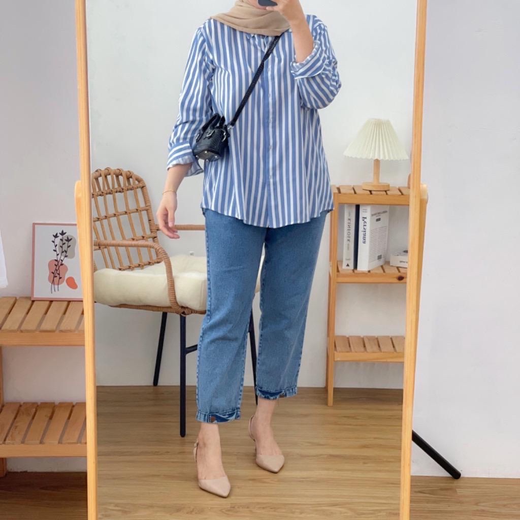 VTZEN - ZFS OOTD KEMEJA JESY / JADE STRIPE OVERSIZE SHIRT / Atasan Lengan Panjang Wanita / Hem Terla