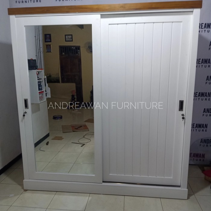 Lemari Pakaian Kayu Jati Cat Duco Putih Pintu Kaca Cermin Tipe Sliding - Almari Baju Jati Jepara