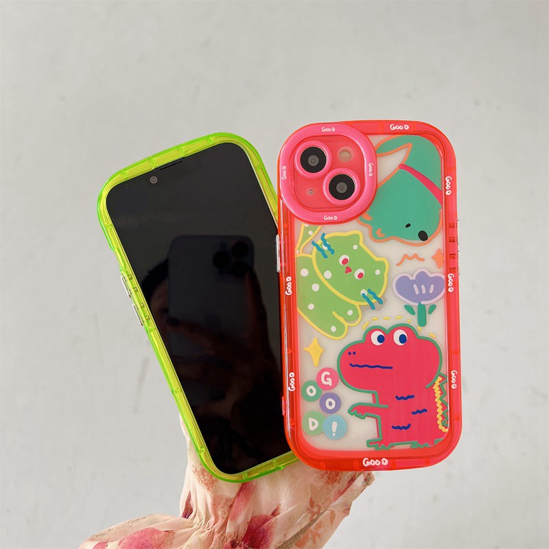 【Fluorescence Case】All New Air Bag Independent Buttons Soft Case IPhone 11 12 13 14 Pro Max Women Girl Fashion Cute Pink Red Little Dinosaur