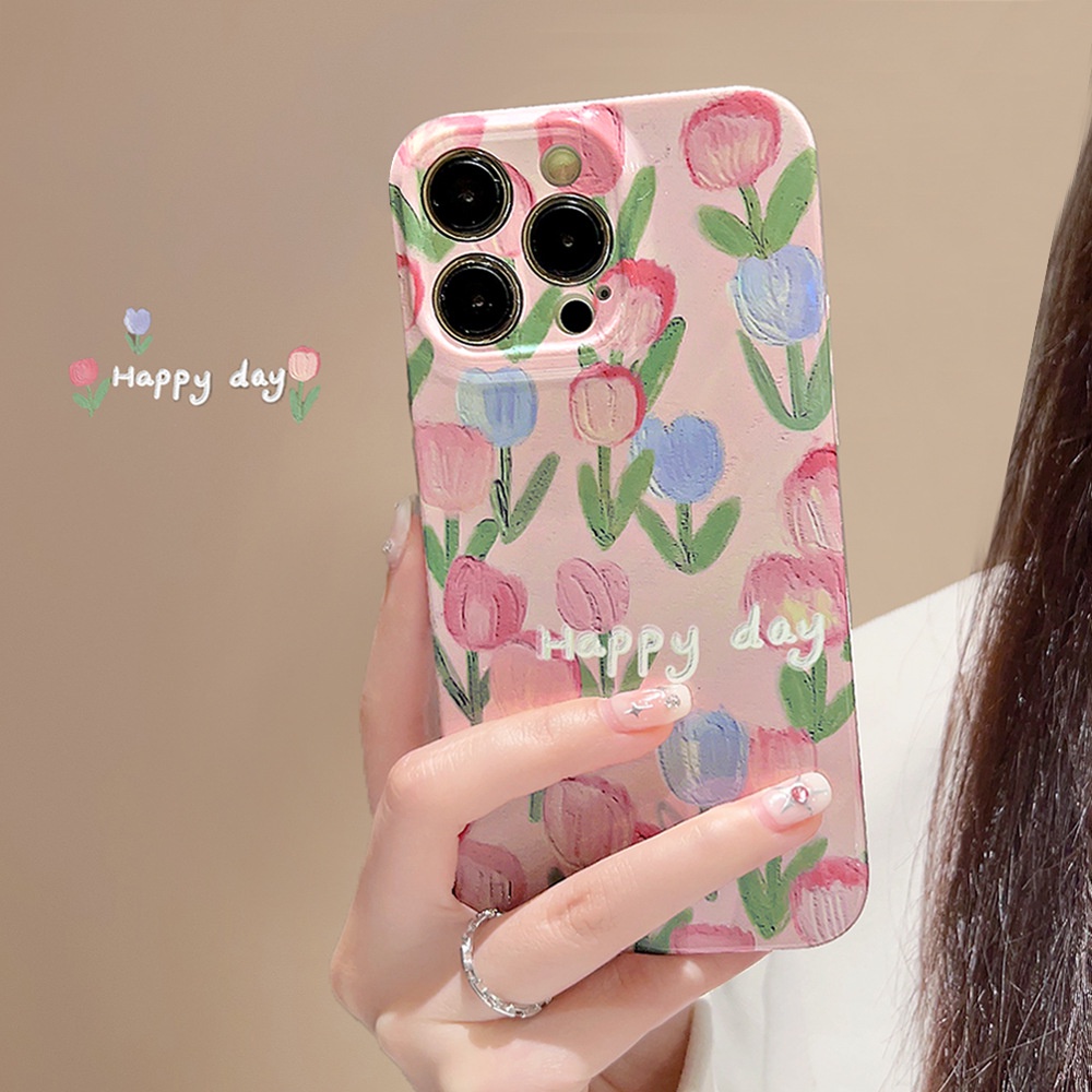 Ins A Sea of Pink Tulips Hard Shell Film Fotografi Case Untuk Iphone SE 2020 7 /8 Plus 14x XR XM 11 12 13 PRO MAX Casing Cover Pelindung AT0285