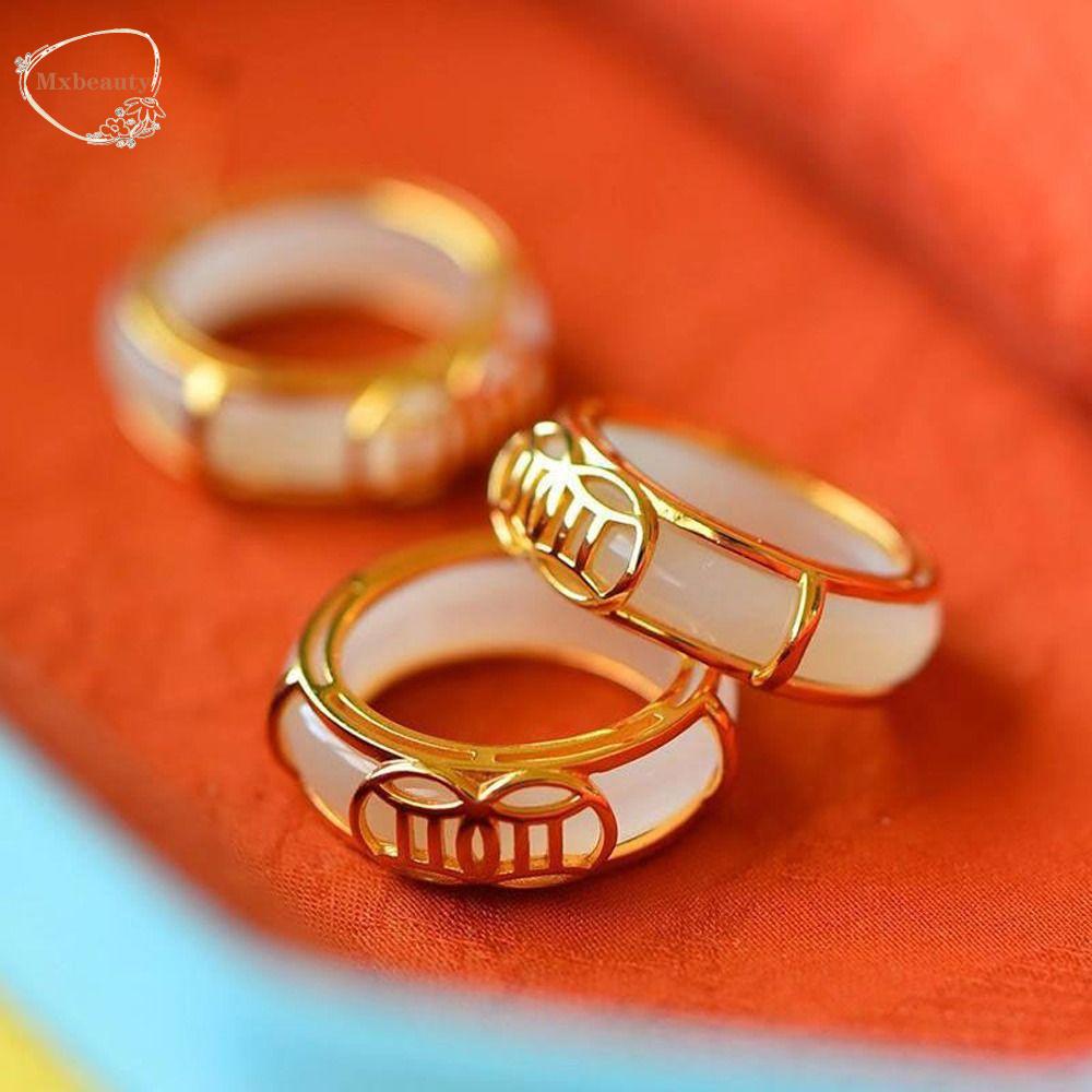 Mxbeauty Wanita Cincin Pesona Halus Niche Desain Gadis Hadiah Imitasi Hetian Giok Tembaga Retro Vintage Ring