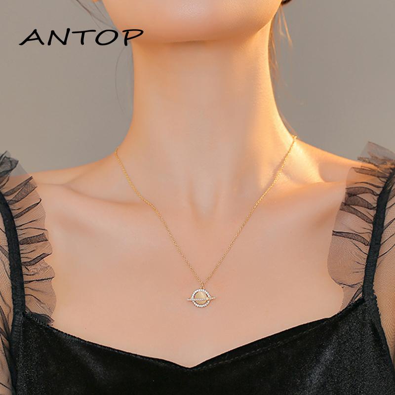 [antop] Kalung Planet Zirkon Berkilau Geometris Kalung Wanita Tulang Selangka Kalung Serbaguna Aksesori Pribadi