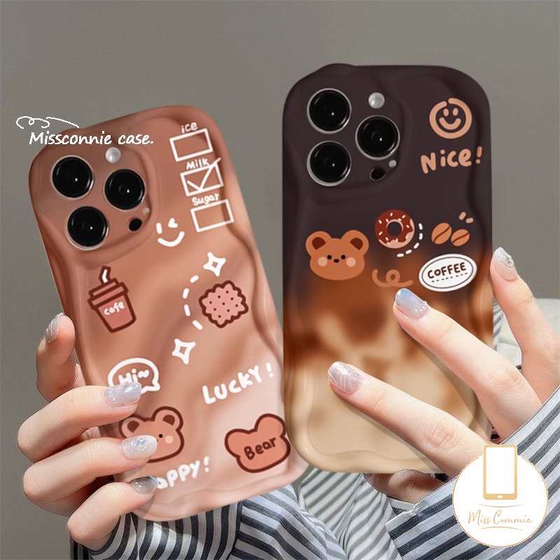 IPHONE Case Donat Kopi Beruang Gradien Beruang Kartun Lucu Kompatibel Untuk Iphone11 14 13 12 Pro Max XR X XS Max 6 6s 7 8 Plus SE 2020 Lembut Tpu Baru 3D Bergelombang Melengkung Penutup Tepi