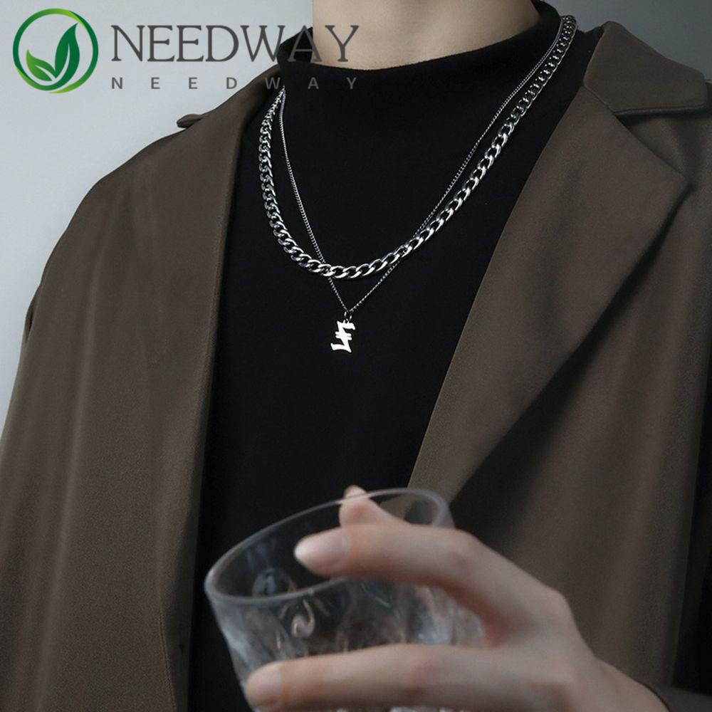 Needway   Kalung Baja Titanium Punk Keren Wanita Pria Sweater Rantai Double Layer Pasangan Kalung Gaya Korea Necklace