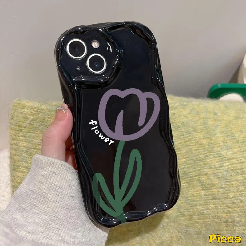 Ins Fashion Casing Bunga Tulip Keberuntungan Hitam Untuk Redmi9 10 9A A1 A2 9T 10A 9C NFC 10C Redmi Note12 11 10 8 9 11s 10s 10Pro 10 Pro Max Plus POCO M3 3D Tepi Bergelombang Lengkung Lembut Sarung