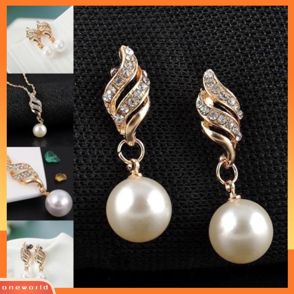 [ONE] Wanita Pernikahan Berlian Imitasi Mutiara Imitasi Spiral Liontin Kalung Anting Set Perhiasan