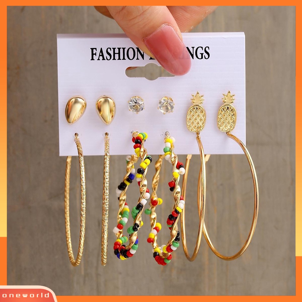 [ONE] 6pasang Anting Hoop Mutiara Imitasi Geometris Modis Dan Nyaman Menjuntai Anting Set Berongga Lingkaran Anting Perhiasan Fashion