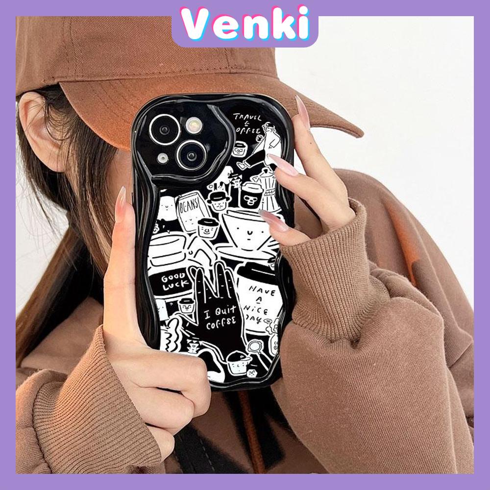 VENKI - Untuk iPhone 11 Case Tepi Melengkung Gelombang Case Glossy Hitam TPU Airbag Tahan Guncangan Kamera Case Gaya Seni Kreatif Kompatibel dengan iPhone 14 13 Pro max 12 Pro Max xr xs 7Plus 8Plus