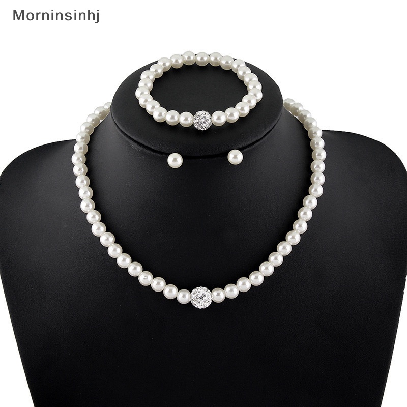 Mornin 3in1 Set Wanita Pengantin Pernikahan Set Berlian Imitasi Mutiara Imitasi Kalung Gelang Anting Pesta Perhiasan Hadiah id