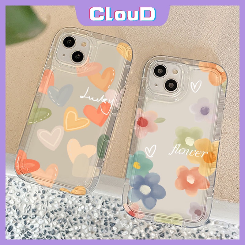 Coloful Lovely Love Heart Phone Case Kompatibel Untuk iPhone 7Plus 14 13 11 12 Pro MAX XR 7 8 6 6S Plus X XS MAX Bening Segar Bunga Lembut Tpu Shockproof Airbag Floral Back Cover