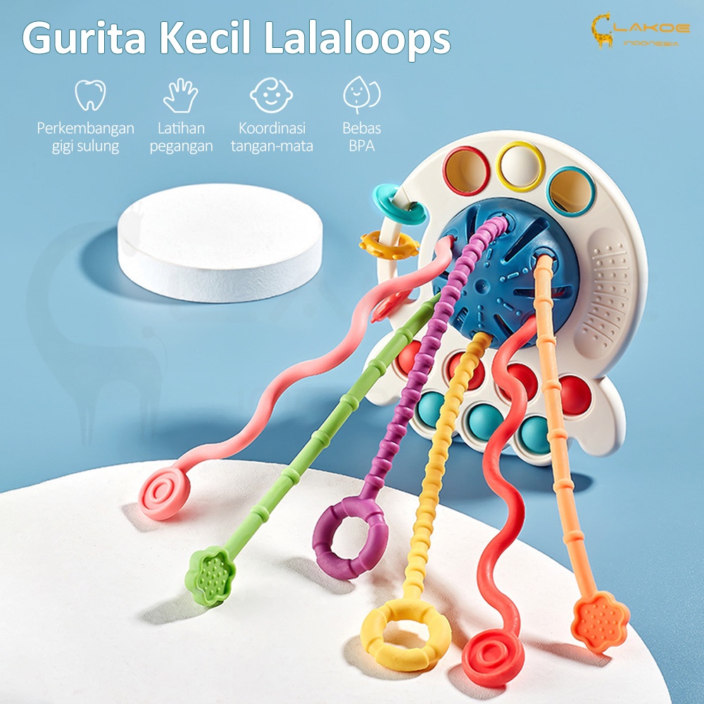 LAKOE Mainan Gigitan Bayi 4 in 1Pop It Teether Bayi Tarik Panjang Mainan Gigitan/Mainan Edukasi Bayi  Bahan Silikon bpa free