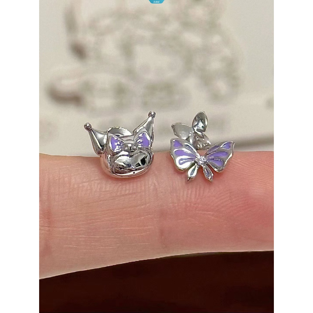 Sanrio Kuromi Warna Perak Kupu-Kupu Zirkon Studs Earrings Desain Tiga Dimensi Double Layer Wing Earrings Perhiasan Wanita [ZK]