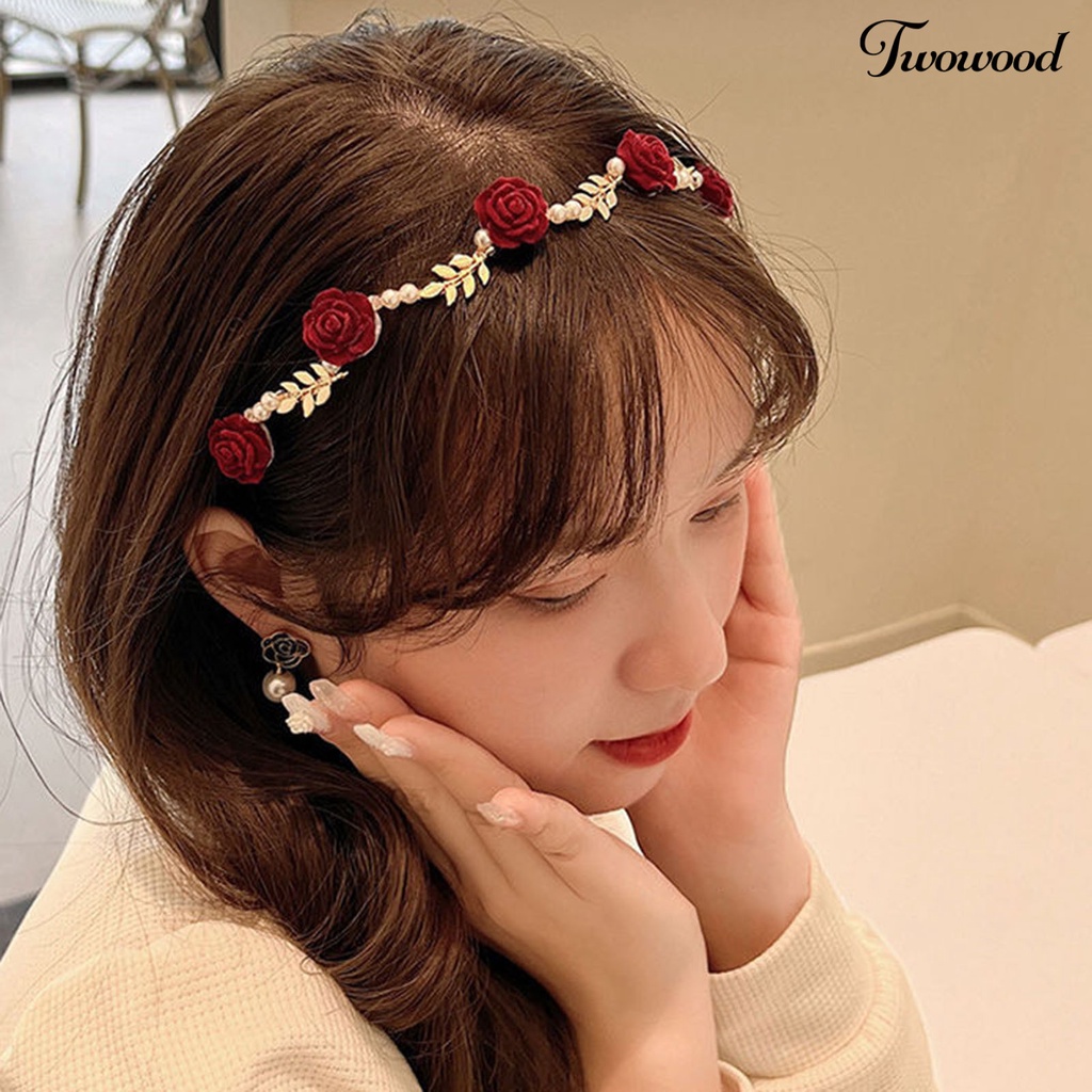 Twowood Rose Headband Glossy Faux Pearl Pengerjaan Halus Daun Dekorasi Vintage Hias Lolita Anti-slip Rose Wedding Hair Hoop Wanita Aksesori Rambut