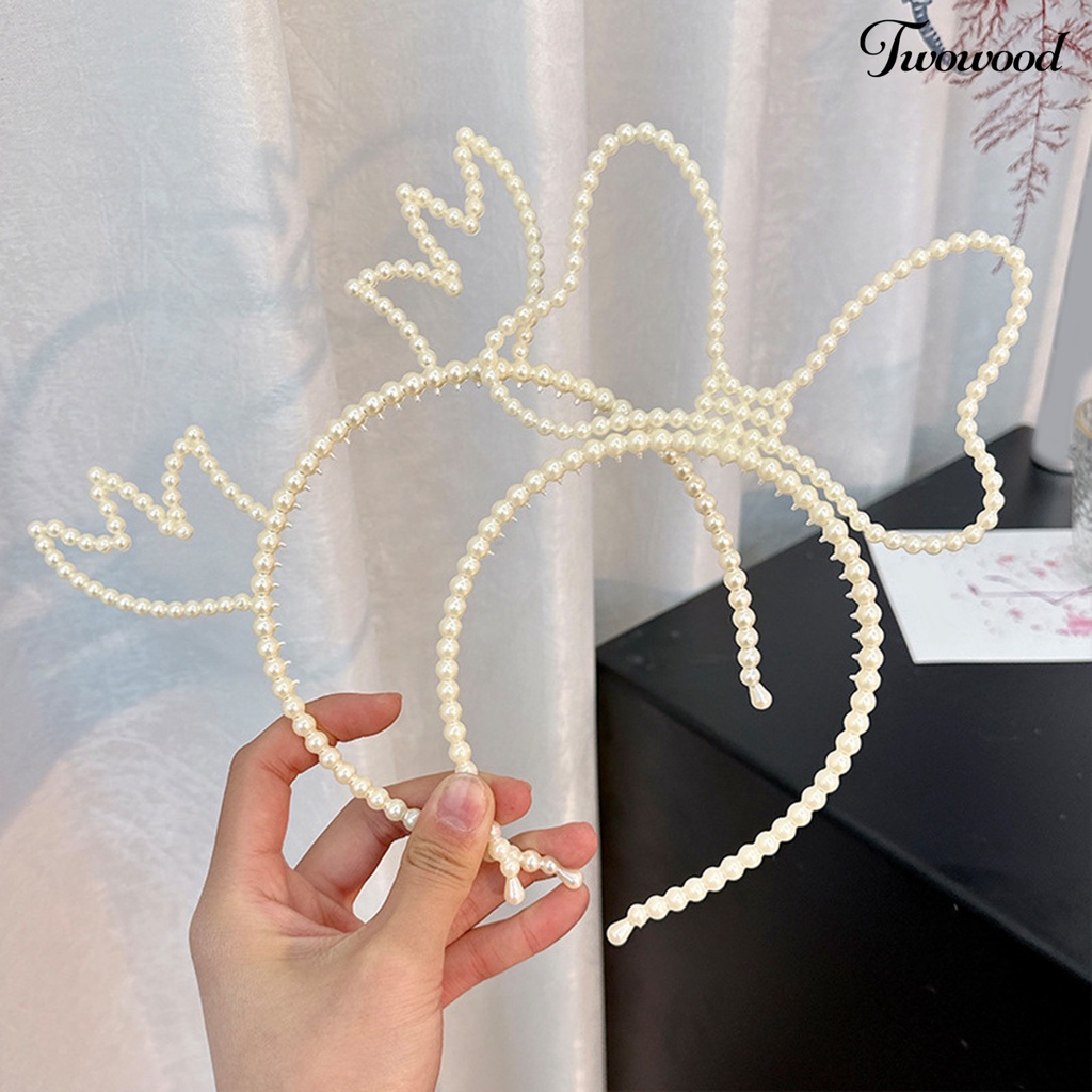 Twowood Wanita Bando Tanduk Mutiara Imitasi Busur-Simpul Dekorasi Berongga Keluar Warna Solid Hiasan Rambut Narrow Band Elastis Lady Hair Hoop Aksesoris Rambut