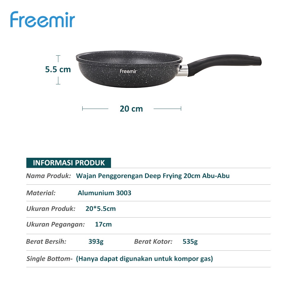 Freemir 20 cm Wajan Penggorengan Anti Lengket  Non Stick Multifungsi Single Bottom Hitam