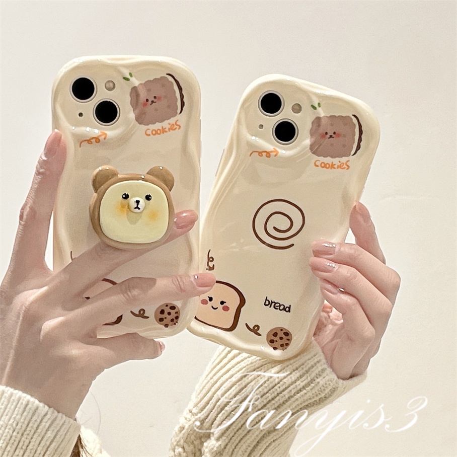 OPPO A78 A17 A17k A57 A77 A77s A76 A96 A16 A16s A15s A5s A7 A3s A5 A9 2020 A54 A74 A95 A94 A93 A53 A33 2020 Bear Bracket Wavy Curved Edge Phone Case TPU Soft Cover Dengan Braket Kipas