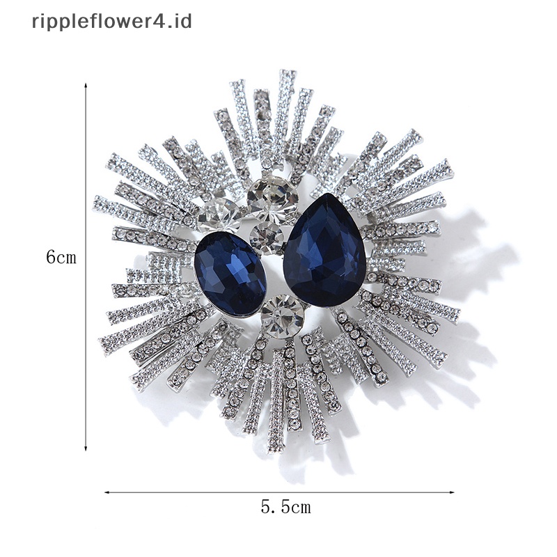 {rippleflower4.id} Bros Bunga Retro Elegan Fashion Pin Kristal Biru Tua Untuk Wanita Pakaian Perhiasan Accessries~