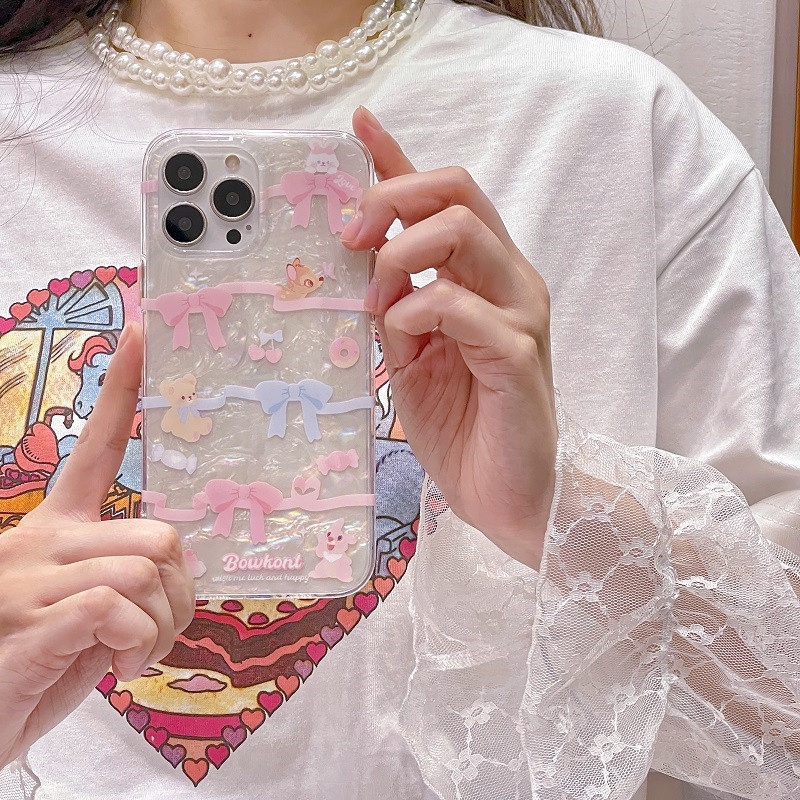 Ins Gaya Cocok Untuk iPhone 14 Pro Max iPhone Phone Case Double-layer Dicetak Pola Busur Kompatibel Dengan Iphone13 13pro 13prm iPhone 11 11pro 14plus 12Pro Max Shockproof TPU Phone Case