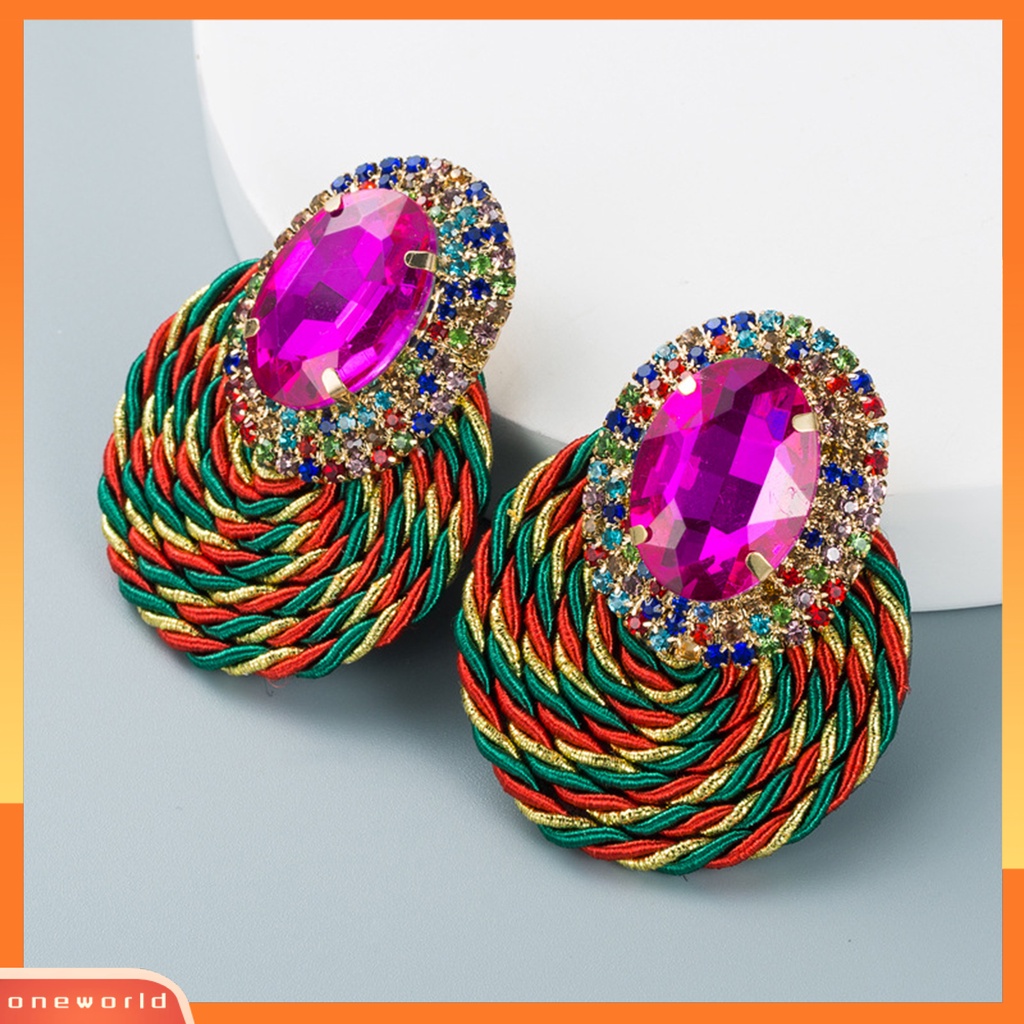 [WOD] 1pasang Anting Menjuntai Warna-Warni Berlian Imitasi Perhiasan Rajut Tangan Shiny Geometric Round Stud Earrings Untuk Pacaran