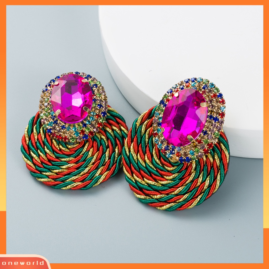 [WOD] 1pasang Anting Menjuntai Warna-Warni Berlian Imitasi Perhiasan Rajut Tangan Shiny Geometric Round Stud Earrings Untuk Pacaran