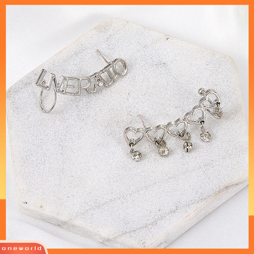 [WOD] 1pasang Bentuk Hati Berongga Surat Telinga Klip Alloy Cubic Zirconia Asimetris Klip Anting Fashion Perhiasan