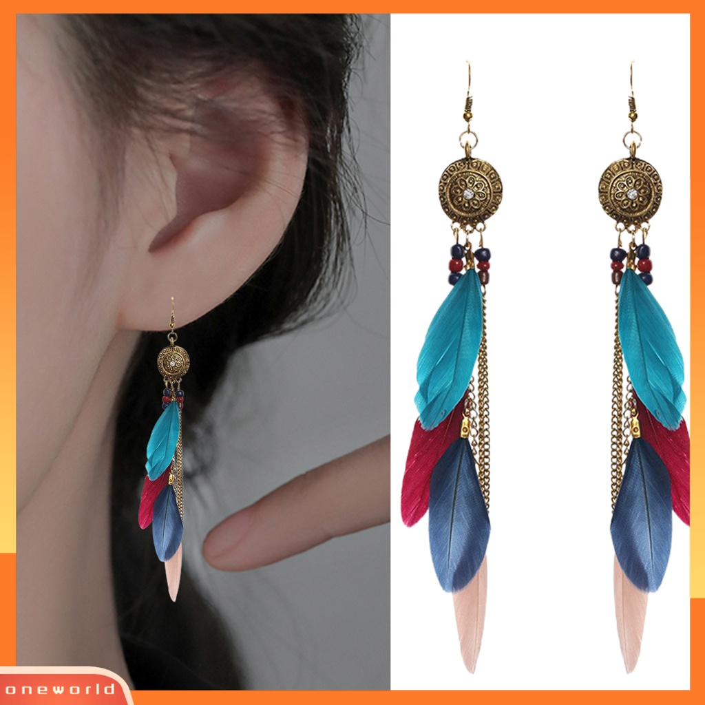 [WOD] 1pasang Anting Menjuntai Bohemian Etnik Vintage Electroplating All-match Dekorasi Hadiah Wanita Panjang Bulu Rantai Rumbai Drop Earrings Perhiasan Untuk Pakaian Sehari-Hari