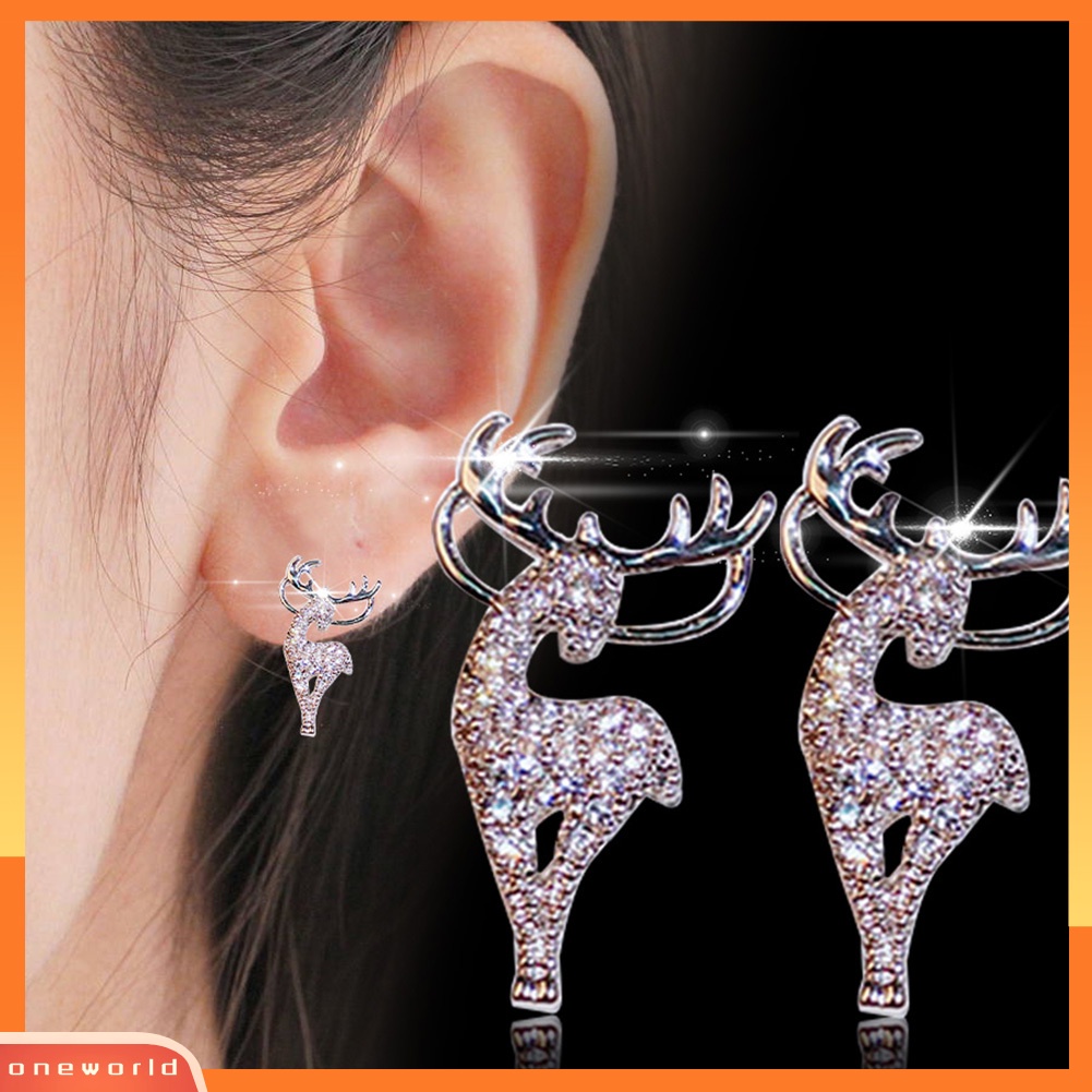 [WOD] Fashion Wanita Berlian Imitasi Elk Perak Disepuh Ear Stud Earrings Perhiasan Hadiah Xmas