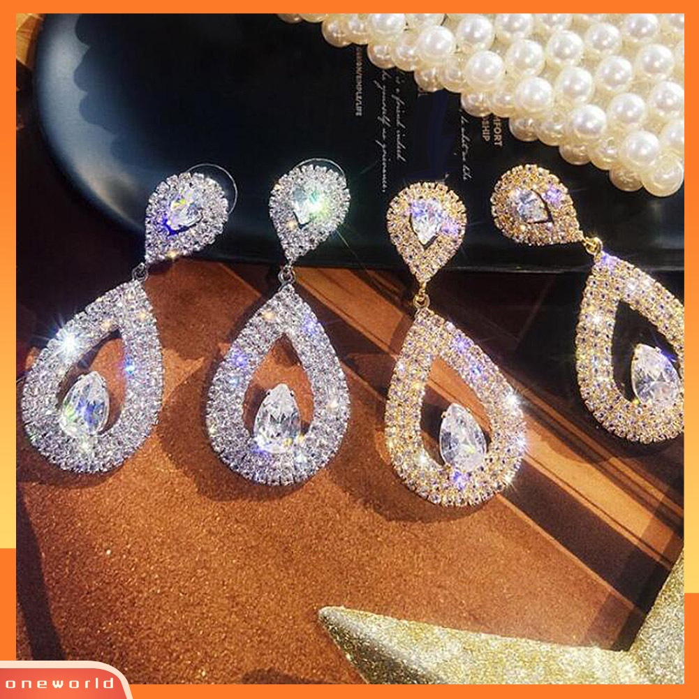 [WOD] Wanita Elegan Berlian Imitasi Jantung Teardrop Menjuntai Ear Drop Earrings Perhiasan Pesta